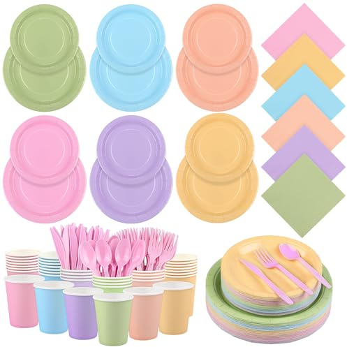 Kochorie 360 Pieces Pastel Rainbow Disposable Party Dinnerware Pack Included 7 and 9 Pastel Paper Plates Napkins Cups Cutlery, Macaron Colorful Decor Serves 48 Guests for Birthday Wedding Party