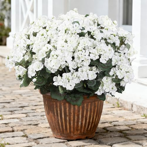 LEUCHTAMOR 6 Bundles Artificial Geranium Flowers, 40cm White Fake Flowers with 30 Flower Heads, Velvet Fabric Blooms, UV Resistant Outdoor Plants for Window Boxes, Hanging Baskets Garden Decor