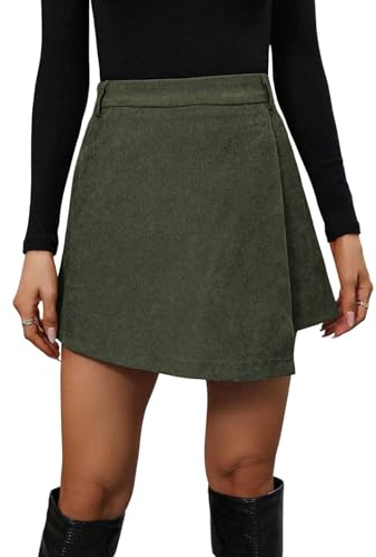 SOLY HUX Jupe élégante en velours côtelé pour femme - Ourlet asymétrique - Mini jupe avec short - Vintage - Jupe en velours côtelé - Avec fermeture éclair, Vert armée., L