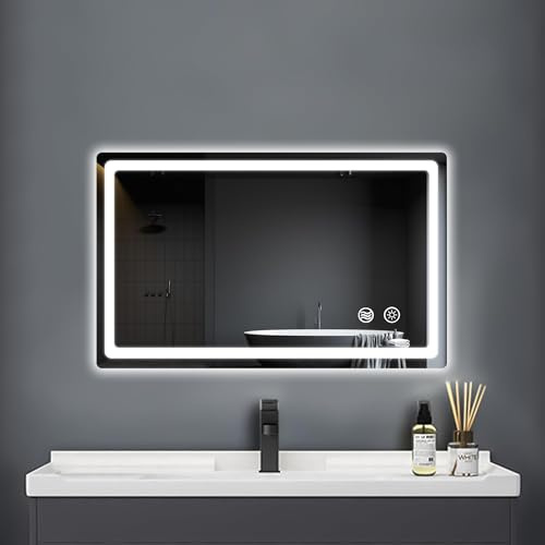 50x70cm LED Badspiegel mit Beleuchtung, Stecker, Kaltweiß, Beschlagfrei | Wandspiegel für das Badezimmer mit Touch-Schalter und Beschlagfrei-Funktion, Spiegel mit Licht fürs Bad 6000K