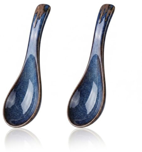 CZXCV Ceramic Soup Spoons, Porcelain Spoons, Japanese Chinese Style, 2PCS | Retro Blue, Dishwasher Safe, for Rice, Ramen, Miso, Pho, Udon, Wonton, Dumpling, Oatmeal and Stews