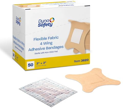 Dynarex Adhesive Fabric Bandage, 3 Inches X 3 Inches Sterile, 4 Wing, 50 Count
