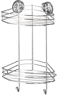 WENKO Vacuum-Loc Eckregal 2 Etagen Chrom, Duschablage mit 2 Ebenen und 2 Haken, Befestigen ohne Bohren mit Vakuum, Verchromtes Metall, 24,5 x 41 x 16 cm