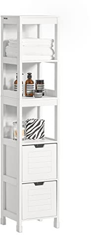 SoBuy Badezimmerschrank Hochschrank Badezimmer Badschrank schmal mit 3 offenen Fächern und 2 Körben Badregal Schmal 30cm Breit Badmöbel Weiß für Badezimmer, kleine Räume 30x30x144cm FRG126-W