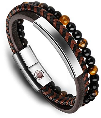 Casisto.J Lederarmband Herren Armband Männer Leder Edelstahl mit Gravur Schwarz Braun Geflochten Ärmbander mit Magnet Verschluss
