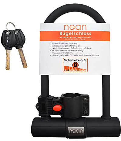 nean Premium Bügel Fahrradschloss Bügelschloss mit Halterung und 2x Sicherheit Security Schlüssel, Ø 14mm, 265 x 173,5mm, schwarz