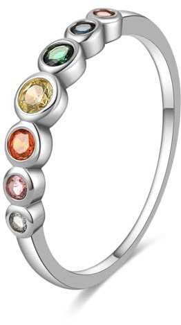 E Bunte Ring Silber 925 Damen Eternity Jubiläums Promise Ringe, 14 Karat Vergoldet Silber Rainbow Regenbogen Ring für Frauen