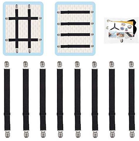 QoeCycth Adjustable Bed Sheet Straps Clips, Elastic Mattress Sheet Fasteners Holder and Suspenders, Grippers to Hold Sheet, Mattress, Sofa, Couch, Table Cloth, Ironing Board Cover, 8Pcs, Black