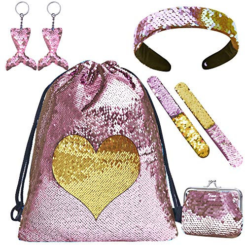 Zainetto Paillettes Reversibili Bambina, Borsa Zaino Bimba con Paillettes Sacca Borsetta Ragazza con Bracciali, Borse, Portachiavi e Fascia per Capelli Zainetti Regalo Bambina 7 8 9 10 anni Rosa