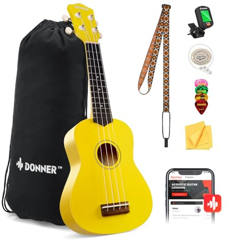 Donner Sopran Ukulele Set für Anfänger Erwachsene 21 Zoll Hawaii Gitarre mit Tasche, Tuner, Kostenloser Kurs, Saiten, Plektren, Poliertuch, Macaron Series (Gelb)