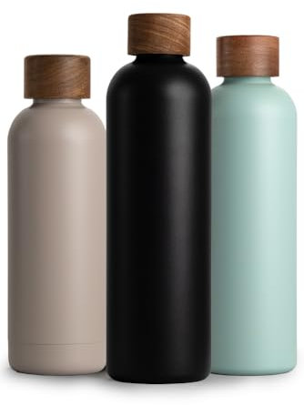 T&N Edelstahl Trinkflasche 1 Liter, Thermosflasche 1l mit Akazienholz Deckel, Isolierte Wasserflasche auslaufsicher bei Kohlensäure, Isolierflasche 1000ml - Anthrazit