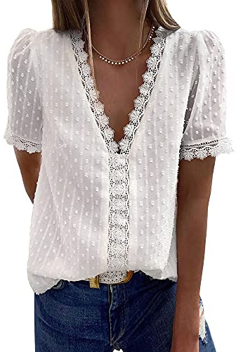 Coloody Blusa con Cuello en V para Mujer Camisa de Encaje Manga Corta Túnica de Color Sólido Tops-Blanco-XXL