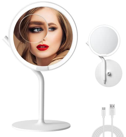 AMIRO Specchio per il trucco illuminato a LED da 8,5con luminosità a 5 livelli, Touch Control, Rotazione di 180° (specchio led in plastica bianco)