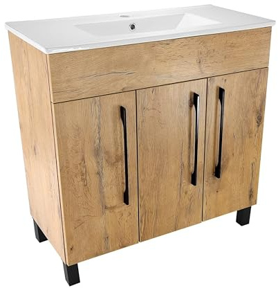 paplinskimoebel Vittoria - Set di mobili da bagno + lavandino, 80 x 38,8 x 80,4 cm, lavabo da incasso in ceramica, effetto rovere opaco, corpo in legno, mobile da bagno