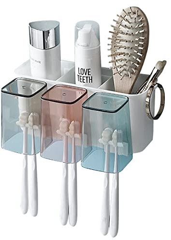 Rairsky Porte Brosse à Dents Mural avec 3 Tasses, Porte-Brosse à Dents Auto-Adhésif, Support de Brosse à Dent Electrique, Multifonction Support de Rangement pour Salle de Bain, sans Perçage