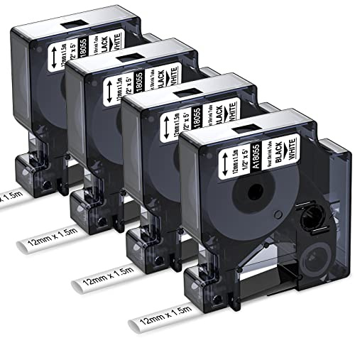 Nastro per Etichette Aken Compatibile con Dymo Rhino 18055 12 mm x 1.5 m | Tubo Termoretraibile Etichette Industriali Compatibile con Dymo Rhino 4200, 5200, 5000, 6000, ILP-219, Nero su Bianco