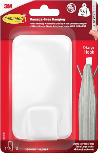 Command Utility Hook, X-Large for Heavyweight - 1 Hook in White and 3 Adhesive Strips for Indoor and Other Items up to 6.8 kg - No Nails, No Holes, No Drilling
