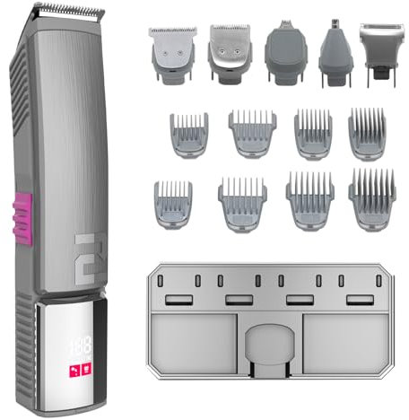 BESTBOMG Cortapelos Hombres, 14 en 1 Maquina Cortar Pelo Recortador de Barba, Cortadora de Pelo de Orejas y Nariz Recargable Inalámbrico, Recortador Corte Pelo de Precisión y Tamaño Completo(Plata)