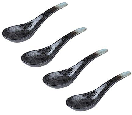 Cucharas soperas Asiáticos cerámica sopa cucharas de té de cucharas 5.3in larga serie de 4 estilo japonés chino de cerámica cucharadas soperas Cucharas de postre (Size : Curved spoon-D)
