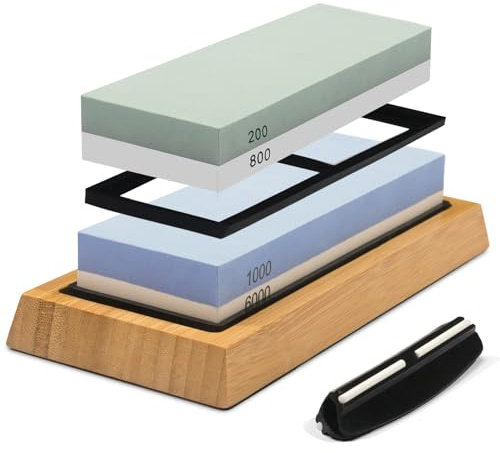 Kit de piedra de afilar cuchillos de piedra de afilar: juego de afilador de chef doble recto – 200/800 1000/6000 grano fino grueso para cocina profesional de 2 caras de afilar piedras húmedas base de