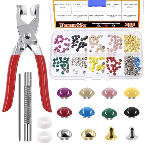 Tanstic 405Pcs(200 Sets) 5mm Double Round Cap Leather Rivets, 10 Colors Double Cap Rivet Tubular Metal Studs with Fixing Tools for DIY Leather Craft Clothes Bags Belts Shoes Decoration