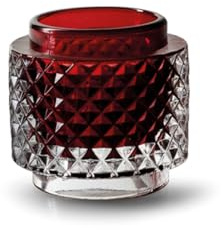 Windlicht Teelichthalter Rombi mit Rauten Muster Ø 9 cm – stilvolle Glas-Deko für Kerzen, Teelichter – Elegante Tischdeko für Wohnzimmer, Balkon, Garten, Hochzeit, Weihnachten, Ambiente-Licht (Rot)