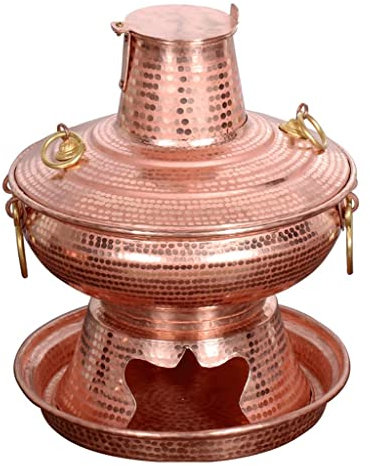 Chafing Dishes für die Küche, Soßenpfanne, Haushalt, handgefertigt, Kupfer, Hot Pot, verdickte Holzkohle, Feuerkessel, Restaurant, Löffel, Kupfer, Kochtopf, bewegliches Chassis (Farbe: Messing, Größe: