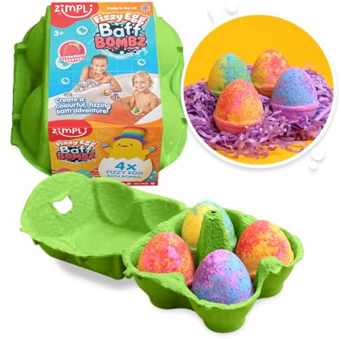 ZIMPLI - 4 x Uova frizzanti Baff Bombz Set regalo, alternativa ideale ai dolcetti di Pasqua, bombe da bagno frizzanti per bambini, colorate, bombe da bagno frizzanti, giocattolo da bagno