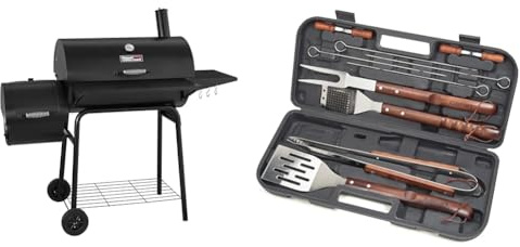 Royal Gourmet CC1830S 30 BBQ Charcoal Grill and Offset Smoker | 811 Square Inch cooking surface, Outdoor for Camping | Black & Cuisinart CGS-W13 Wooden Handle Tool Set, Black (13-Piece)