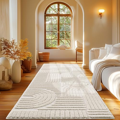 Carpetsale24 Teppich Läufer 80x250 cm Creme, Hochflor Wohnzimmer Teppich, Weich & Flauschig, Skandinavisch Boho Stil, Langflor Shaggy, Pflegeleicht, Jute Rückseite