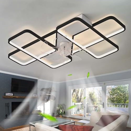 LED Deckenlampe Mit Ventilator APP Dimmbar Reversibel Groß Deckenleuchte Mit Ventilator Und Fernbedienung Leise 6 Gang Deckenlampe Ventilator Smart Modern 35inch Für Schlafzimmer, Wohnzimmer-Black