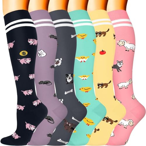 6 Paar Kompressionsstrümpfe für Damen und Herren, Bunte Kompressionssocken Stützstrümpfe für Laufen, Sport, Flug, Reise, Radfahren.10-multi-6 Paar L/XL
