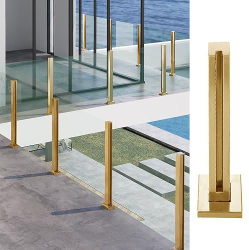 SnamicE Glasgeländerpfosten Kommerzieller Glasgeländerpfosten Gold, Moderne Topless-Terrassenzaunbeschläge mit Basisabdeckung und Bolzen, Außenglasgeländersystem, Gold-,Gold-End Post-120cm(47 1/4)