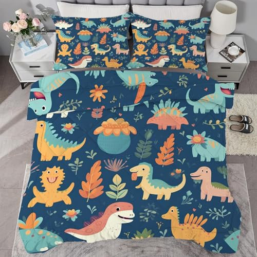 buyluhn Piumino completo con dinosauro, reversibile, per tutte le stagioni, per letto matrimoniale, lavabile in lavatrice, per letto matrimoniale, estate e inverno, leggero, 2 federe