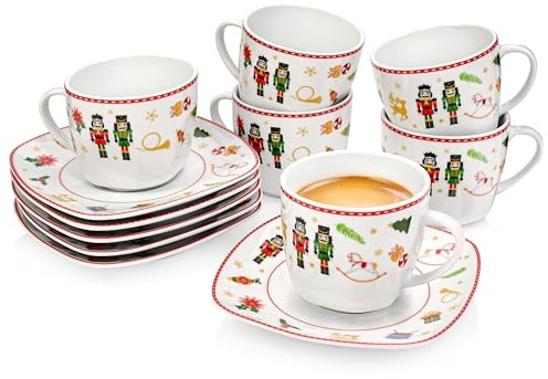 SÄNGER Tassen Set mit Untertasse Bilgola Nussknacker Design 12 tlg | Kaffeetassen 6 Personen, Porzellan Kaffeeservice Kaffeetasse mit Untertasse, mit Weihnachtsmotiven 175 ml