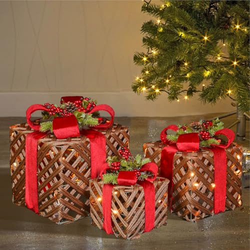 Taylor & Brown Set of 3 Light Up Boxes Gift Parcel Lights Indoor Xmas Decorations for Tree Battery Powered with 50 Warm White LED Lights, Rattan with Red Ribbon