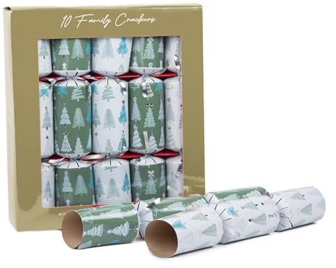 Quickdraw 10 x Christmas Crackers - 12 Traditional Festive Crackers with Party Hats Jokes and Gifts Luxury Designs (Forest Trees)