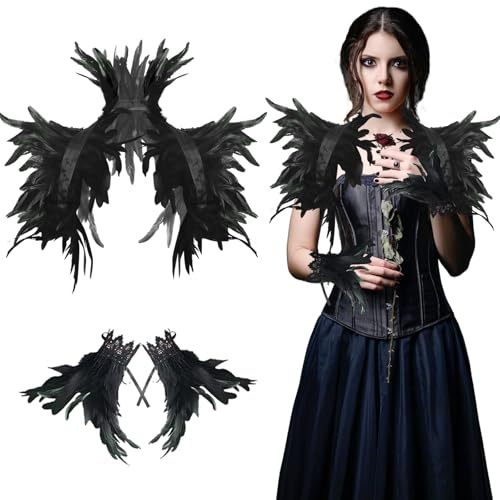 RosyFate Federkragen Schwarz, Federumhang Schwarz mit Feder Manschetten, Maleficent Kostüm, Gothic Federn Schulter, Pfau Kostüm, für Cosplay Partys Feste Karneval