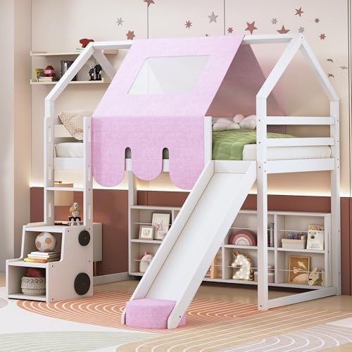 Ball & Cast Twin Size House-Shaped Loft Bed with Slide,Ladder,Tent and Storage Shelves,Solid-Wood Loft Bed W/Softy Padding & Car-Shaped Storage Unit,Play House Bed Frame for Girls,Boys,Kids,White+Pink