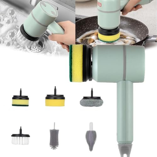 Dish Buddy Electric Scrubber, Electric Spin Scrubber, 360° Rotating Multifunctional Wireless USB Cleaning Brush, With 6 Replaceable Brush Heads for Cleaning Bathroom Floor Window Kitchen Sink Dish Pot