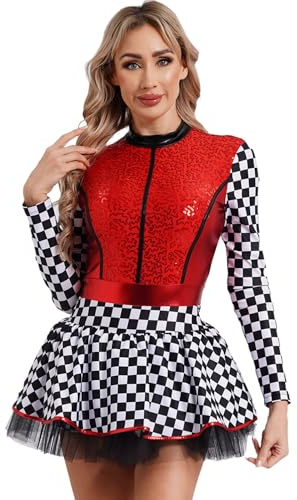 Alvivi Damen Rennfahrer Kostüm Langarm Rennwagen Kleid Pailletten Rennfahrer Overall Jumpsuit mit Tutu Rock Karneval Faschingskostüm Rot M