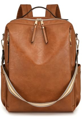 LOXOMU Fashion Laptop Backpack Bag for Women, PU Leather Back Pack Multi-pocket Rucksack Bag Anti-theft Travel Shoulder Handbag for Work & Travel (Brown)
