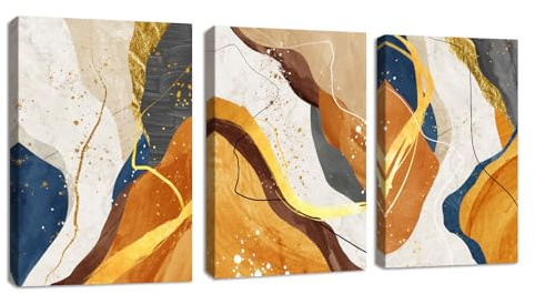 3 Pcs Abstrakt Blau Geometrisch Leinwandbilder Bilder mit Rahmen, Abstrakt Marmor Gold bild auf leinwand Wandkunst Modern Wandbilder Kunstdruck Deko Bild für Wohnzimmer Schlafzimmer 40x60cmx3