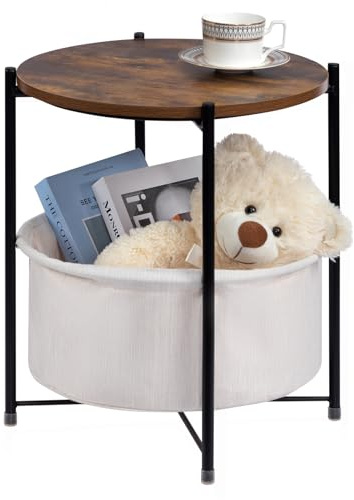 HollyHOME Round Side Table Small Coffee Table for Living Room Bedroom Balcony Sofa Tables with Fabric Basket, Dark Walnut