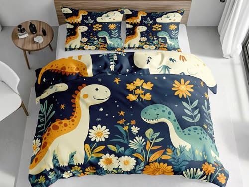 Set di Biancheria da Letto Dinosauro Dei Cartoni Animati Set Copripiumino in Morbido Microfibra Copri Piumino Traspirante Ipoallergenica Completo Copripiumino Singolo 140x200cm Blu