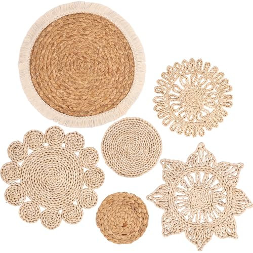 Set mit 6 dekorativen Wandkörben, Boho-Stil, Wanddekoration, Rattan, Wandkörbe, Boho, Wandkorb, gewebt, zum Aufhängen, für Wand, Kunst, Deko, Wohnzimmer, Bauernhaus, Kinderzimmer