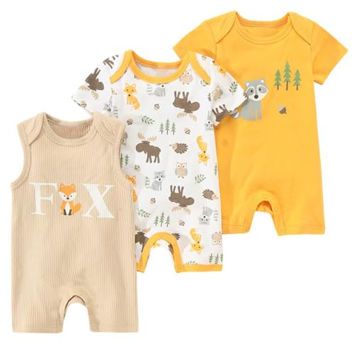 Paquet de 3 Nouveau-Né Bébé Combinaisons de Nuit 100 Coton Une Pièce GrenouillèRes Été Enfant Pyjama Garçons Filles Dessin Animé Manches Courtes Barboteuses 6-9 Mois