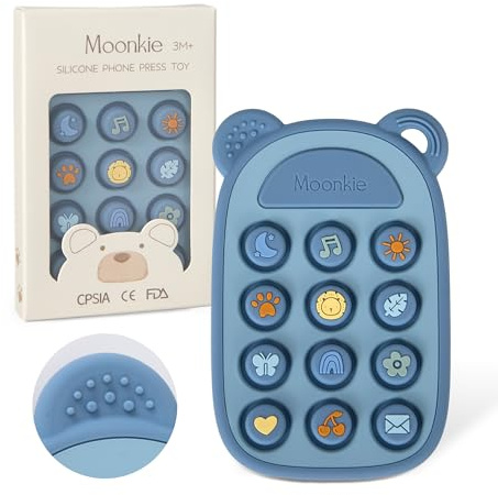 Moonkie Beißring Baby, Silikon Spielzeug Handy, ab 3 Monate+, Kinder Telefon zum Pop It Spielzeug, BPA-frei, Beißspielzeug Baby für Jungen & Mädchen, Geschenk für Kleinkind (Äther)