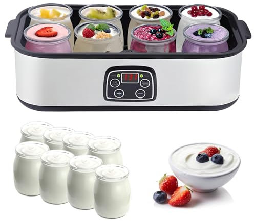 Yogurtiera Definitiva con Display LCD, Motore Automatico per Yogurt da 1400 Ml, 8 Contenitori in Vetro da 180 Ml, Controllo della Temperatura e del Tempo Regolabili, per Yogurt Fatto in Casa