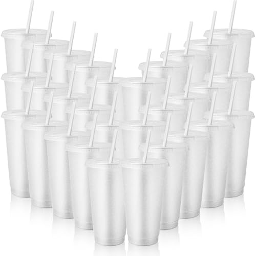 SWHCM Juego de 30 vasos de plástico con tapa y pajita, 710 ml, reutilizables, en paquete grande, vasos de plástico con tapa y pajita para batidos de café